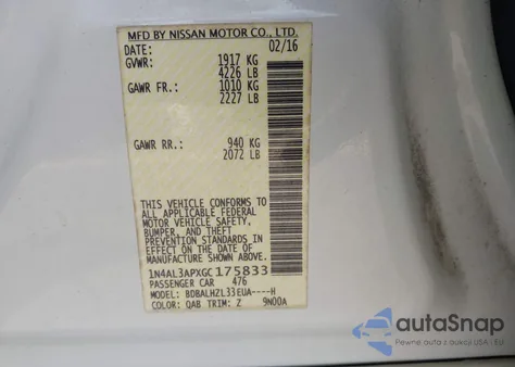 2016 Nissan Altima 2.5 Sr z USA, uszkodzony, nr VIN 1N4AL3APXGC175833